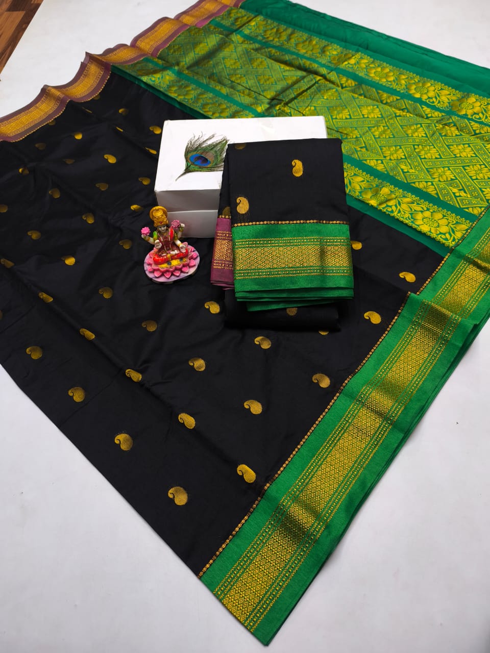 Traditional Black Silk Cotton Saree with Green Rich Pallu